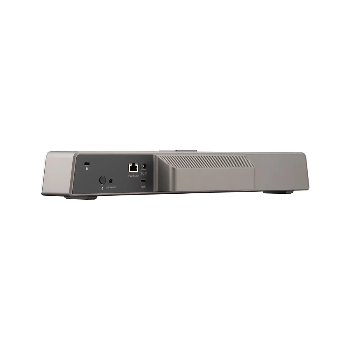 Appareil audio gris, dos avec connexions pour l'alimentation, LAN, USB et audio.