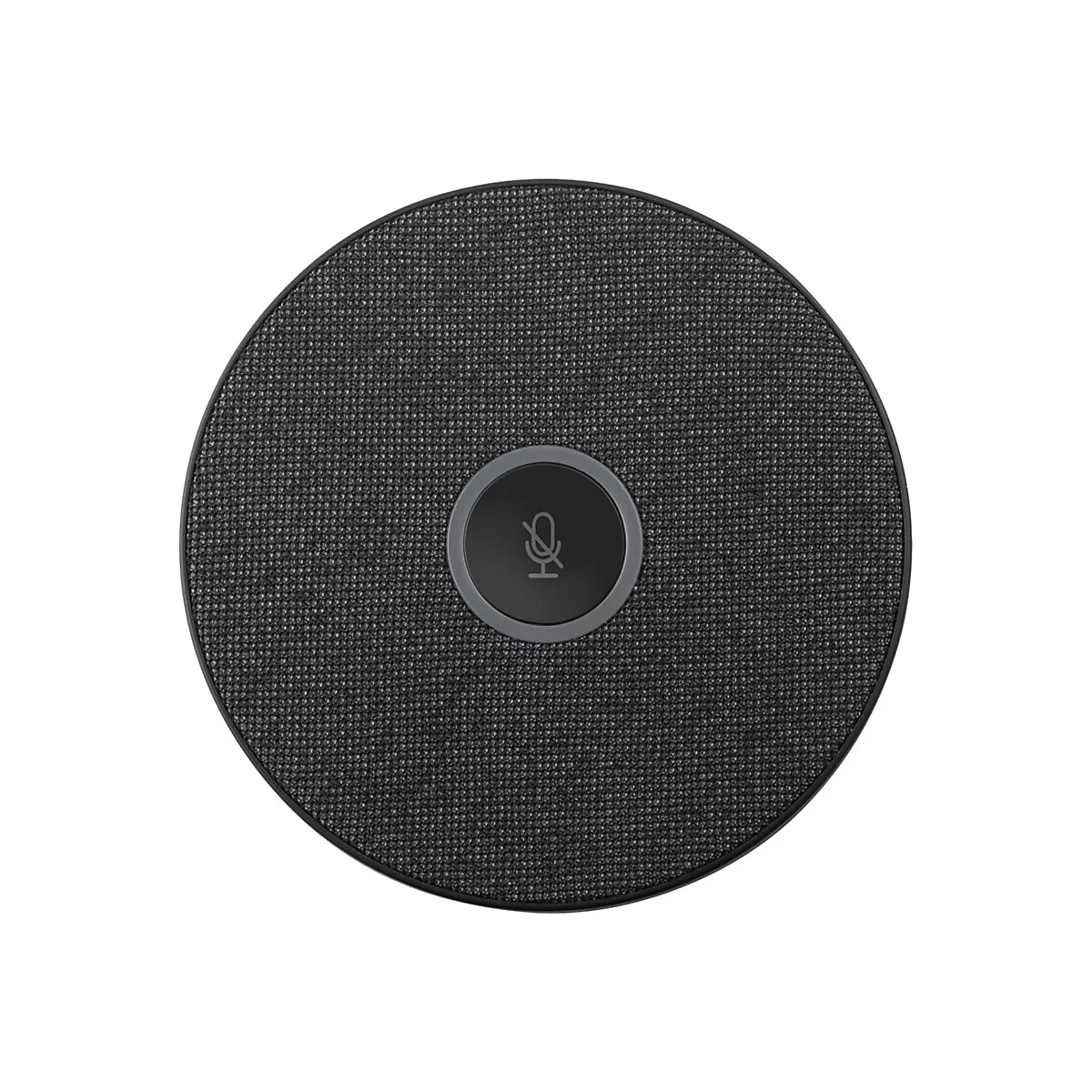 Haut-parleur de conférence rond et noir avec un symbole de microphone au centre.