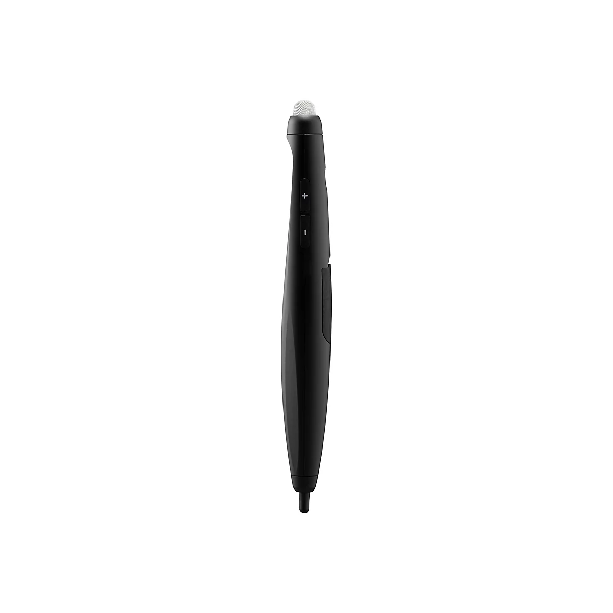 Ein schwarzes elektronisches Gerät, das wie ein Stift aussieht, mit einem runden Kopf, Knöpfen und einer Spitze.
