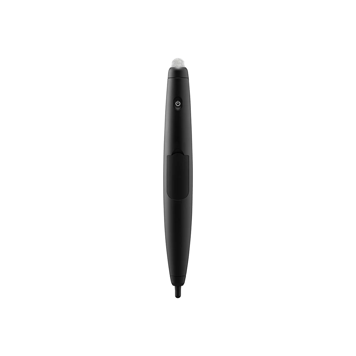 Ein schwarzer Eingabestift, der vor weißem Hintergrund abgebildet ist. Der Stift hat einen kugelförmigen, silberfarbenen Kopf und einen Knopf mit dem Ein-/Ausschaltsymbol.
