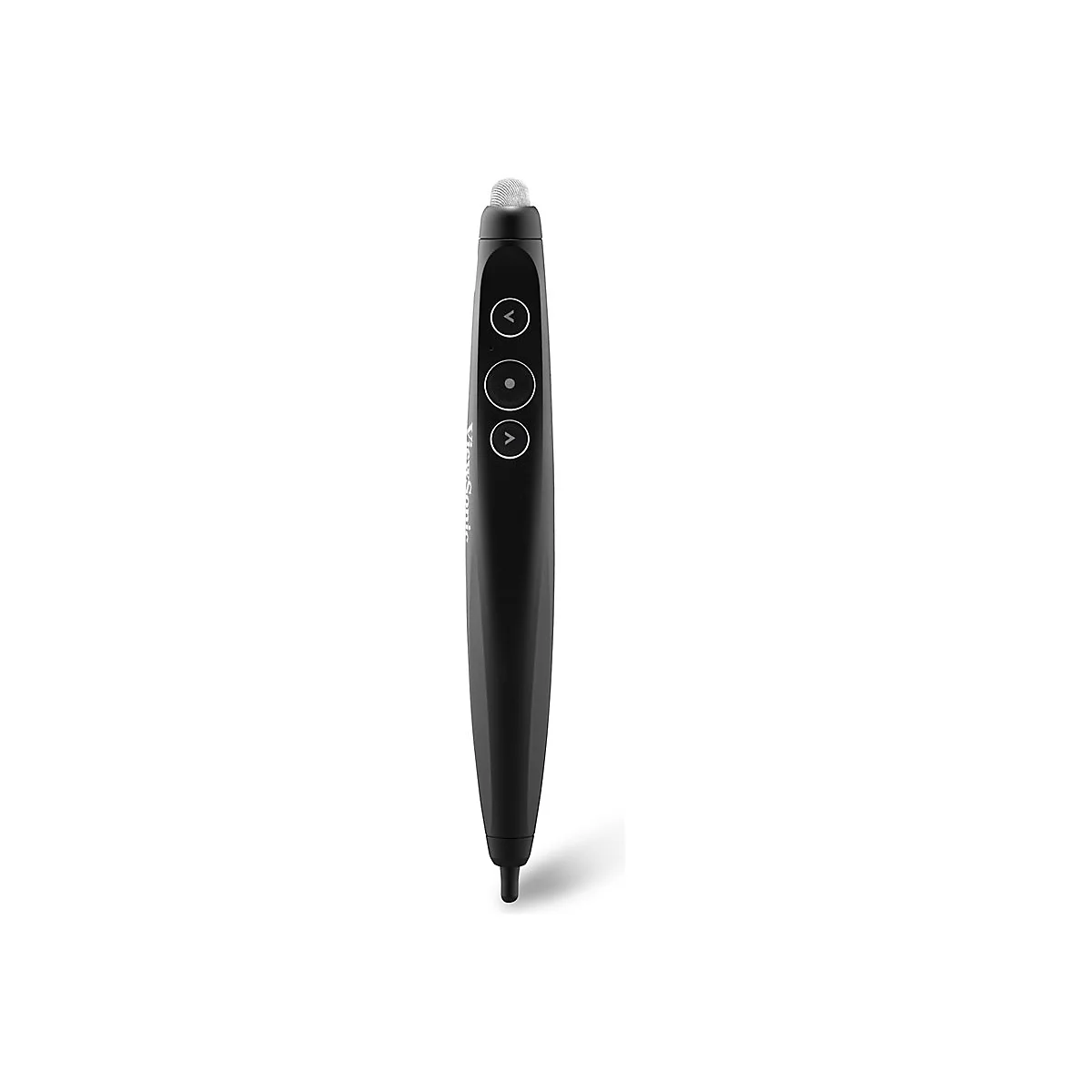 Schwarzer Präsentations-Stift mit silberner Spitze und Bedienelementen. Der Stift hat das Logo 'ViewSonic'.