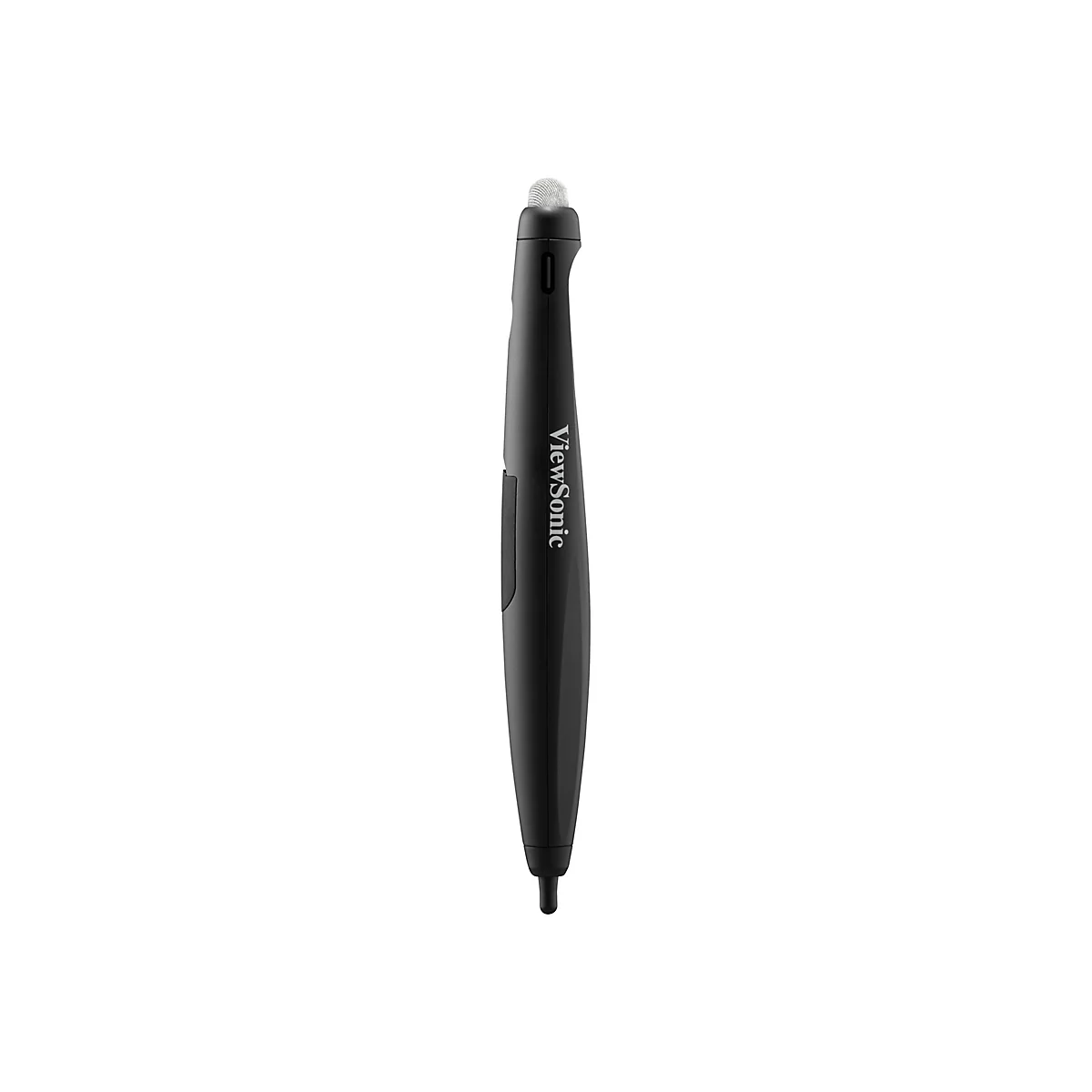 Schwarzer ViewSonic Stift mit weißer Spitze, liegt vertikal. Der Stift hat eine abgerundete Spitze und den Schriftzug ViewSonic.
