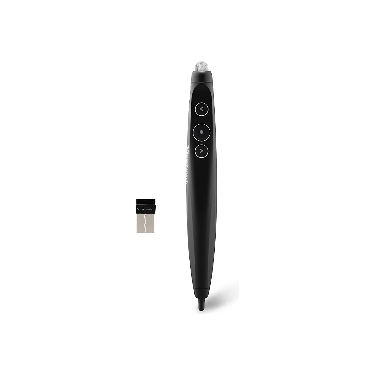 Schwarzer Präsentations-Laserpointer und USB-Empfänger. Der Pointer hat drei Tasten und einen metallischen Kopf, daneben der USB-Empfänger.