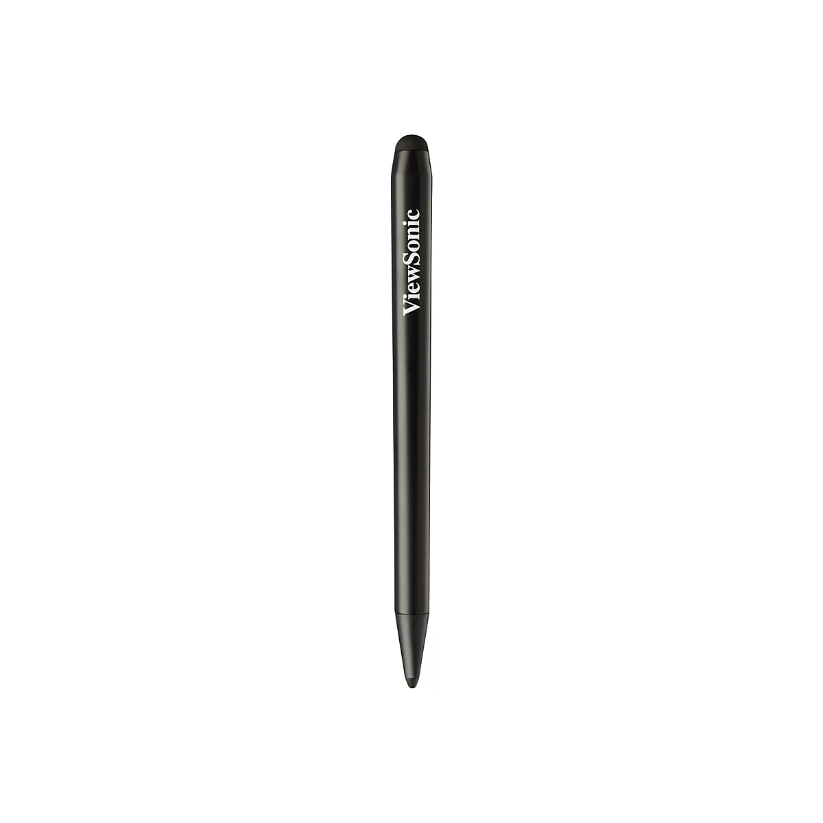 Schwarzer Stylus auf weißem Hintergrund. Der Stift hat den Schriftzug "ViewSonic" und eine Spitze.