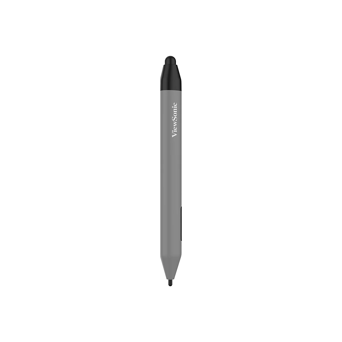 Ein grauer ViewSonic Stylus-Stift, der auf weißem Hintergrund steht. Der Stift hat eine schwarze Spitze und den Schriftzug ViewSonic.