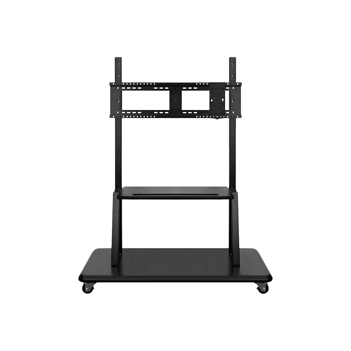 Support TV noir à roulettes, composé d'une base rectangulaire, de deux colonnes verticales, d'une étagère et d'un support.