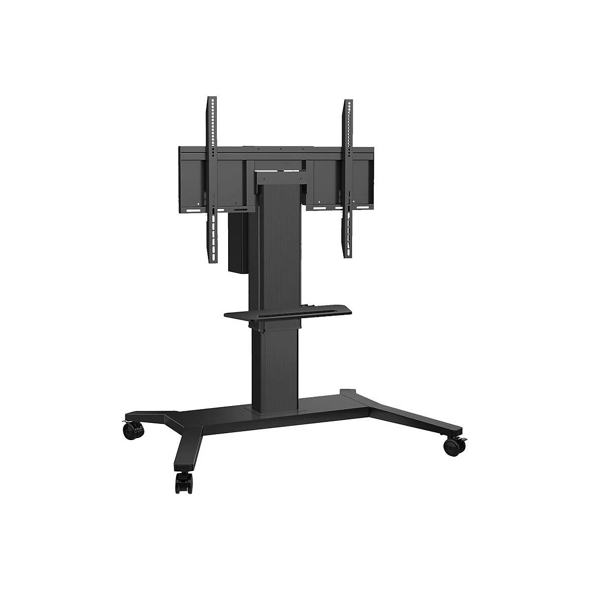 Support TV noir roulant, avec hauteur réglable et support d'écran.