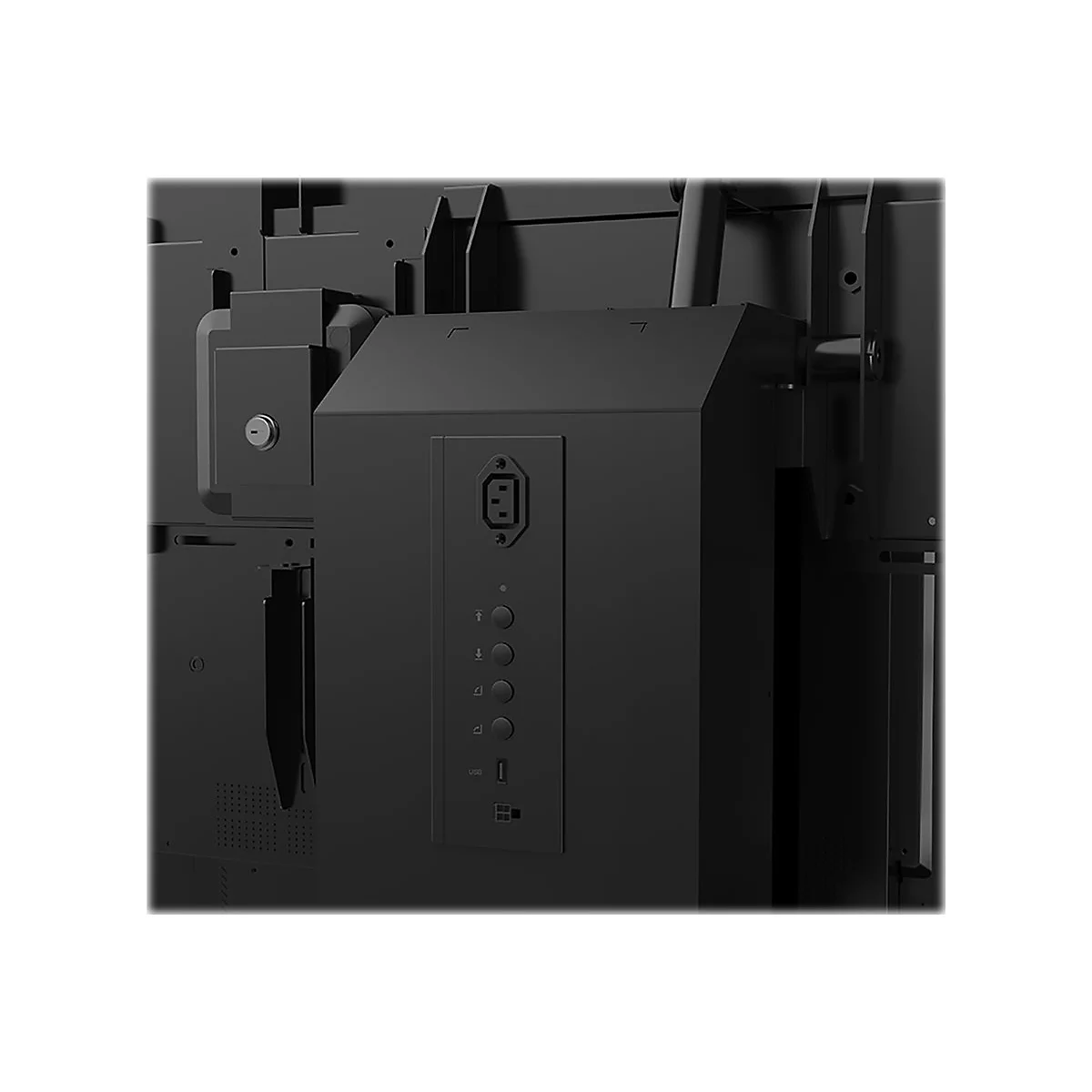 Gros plan sur l'arrière d'un appareil noir avec connecteur d'alimentation et boutons. En dessous, ports USB et autres.