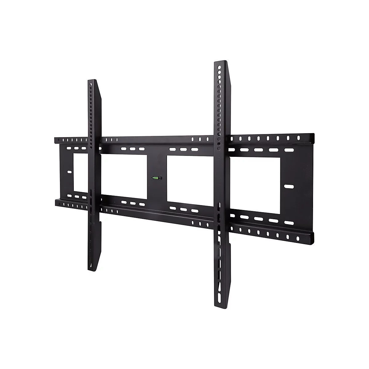 Support mural TV noir, avec éléments horizontaux et verticaux, rangées de trous et un niveau à bulle.