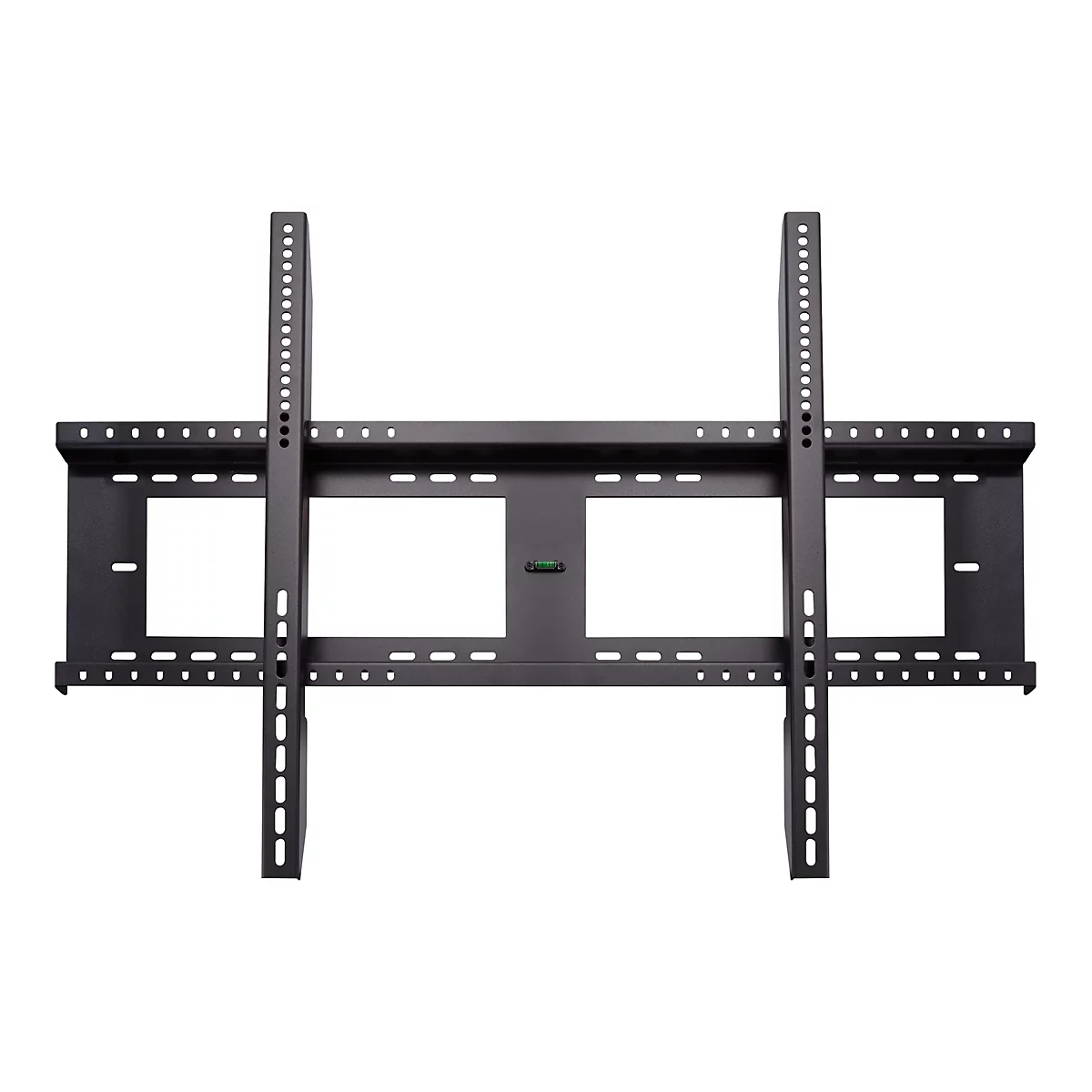 Support TV noir. Entretoises horizontales et verticales avec trous et évidements rectangulaires. Un niveau à bulle est visible.