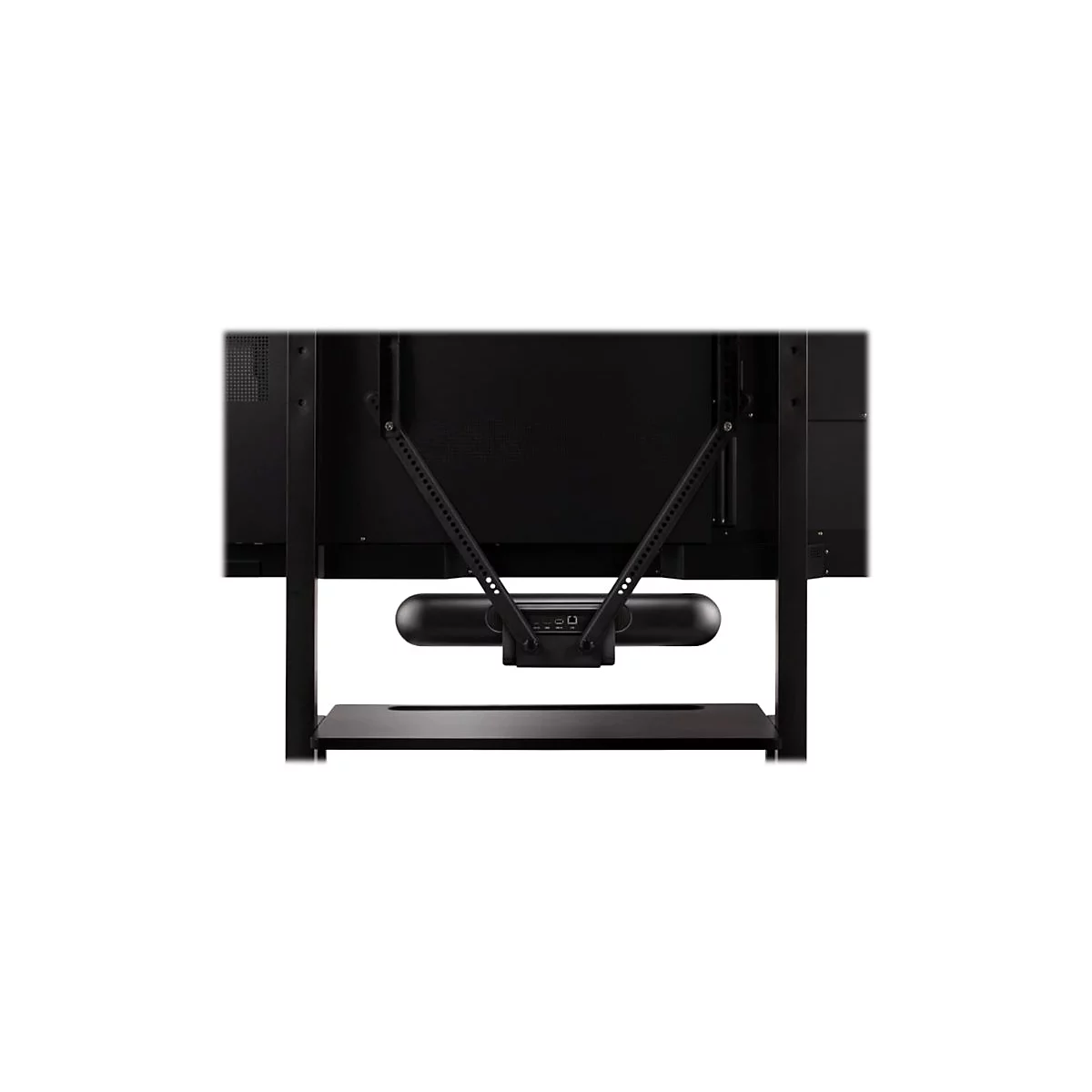 Rückansicht eines schwarzen Fernsehers mit Halterung und Soundbar; unterhalb eine Ablage.