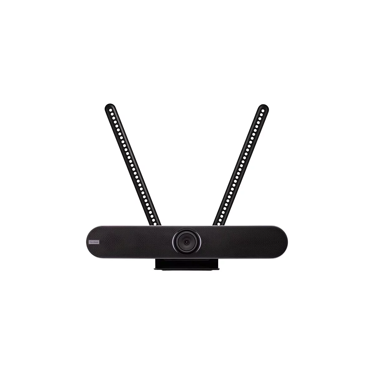 Schwarze Videokonferenz-Soundbar mit Halterung und zwei Stangen mit Löchern.