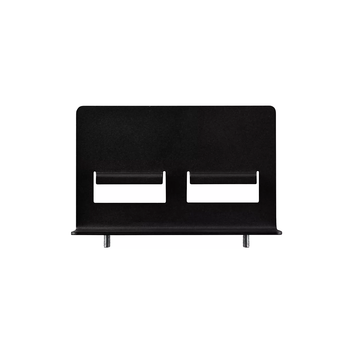 Support en métal noir avec deux découpes rectangulaires. Deux vis en bas pour la fixation.