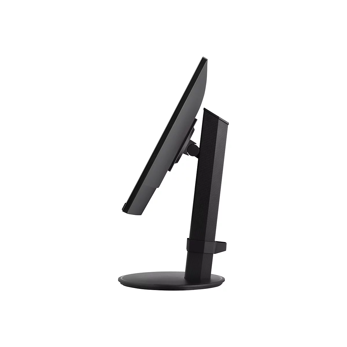 Ein schwarzer Monitor, von der Seite gesehen. Er steht auf einem runden Sockel und hat einen länglichen Standfuß.