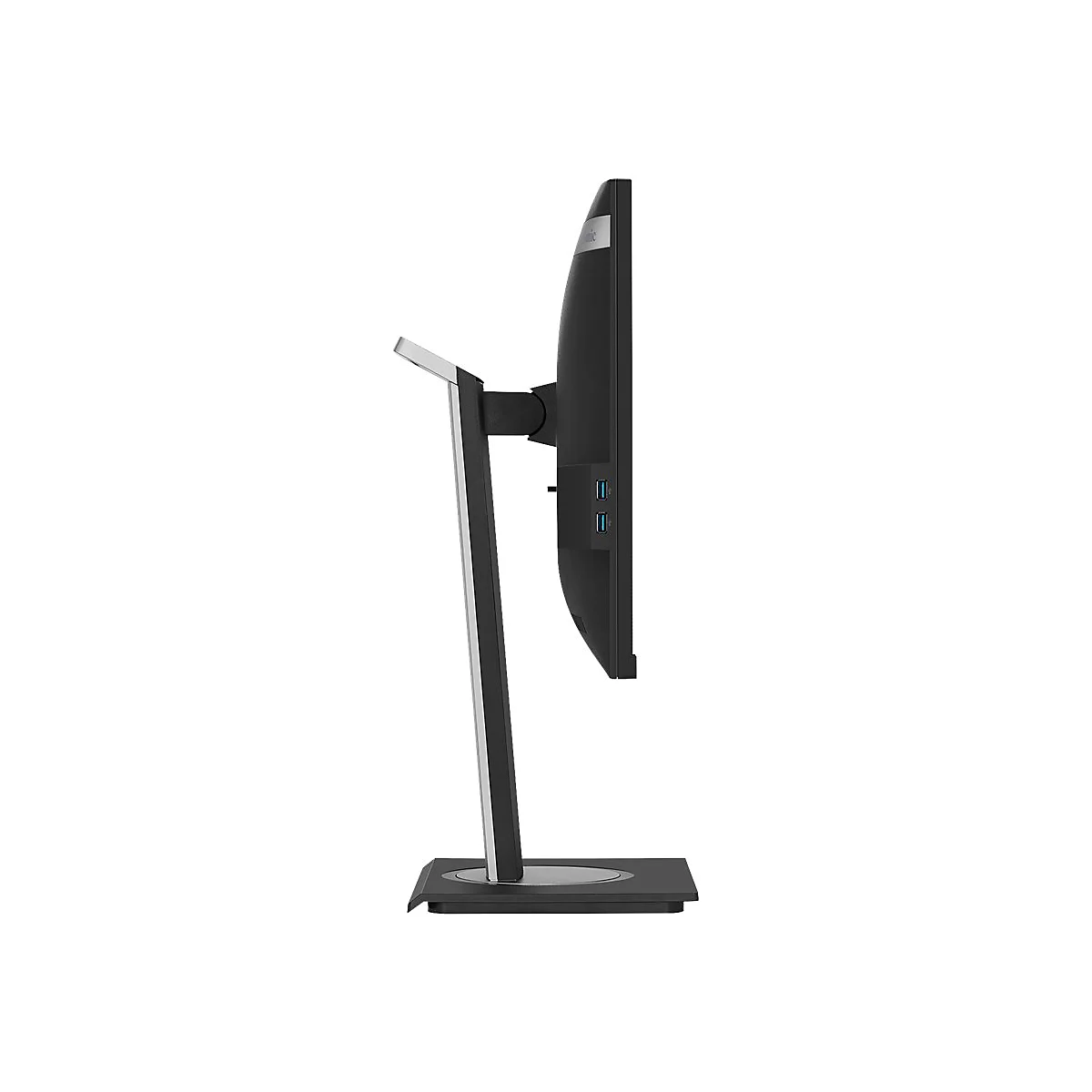 Schwarzer Monitor von der Seite, mit Metallfuß und zwei USB-Anschlüssen. Sichtbar ist ein Herstellerlogo.