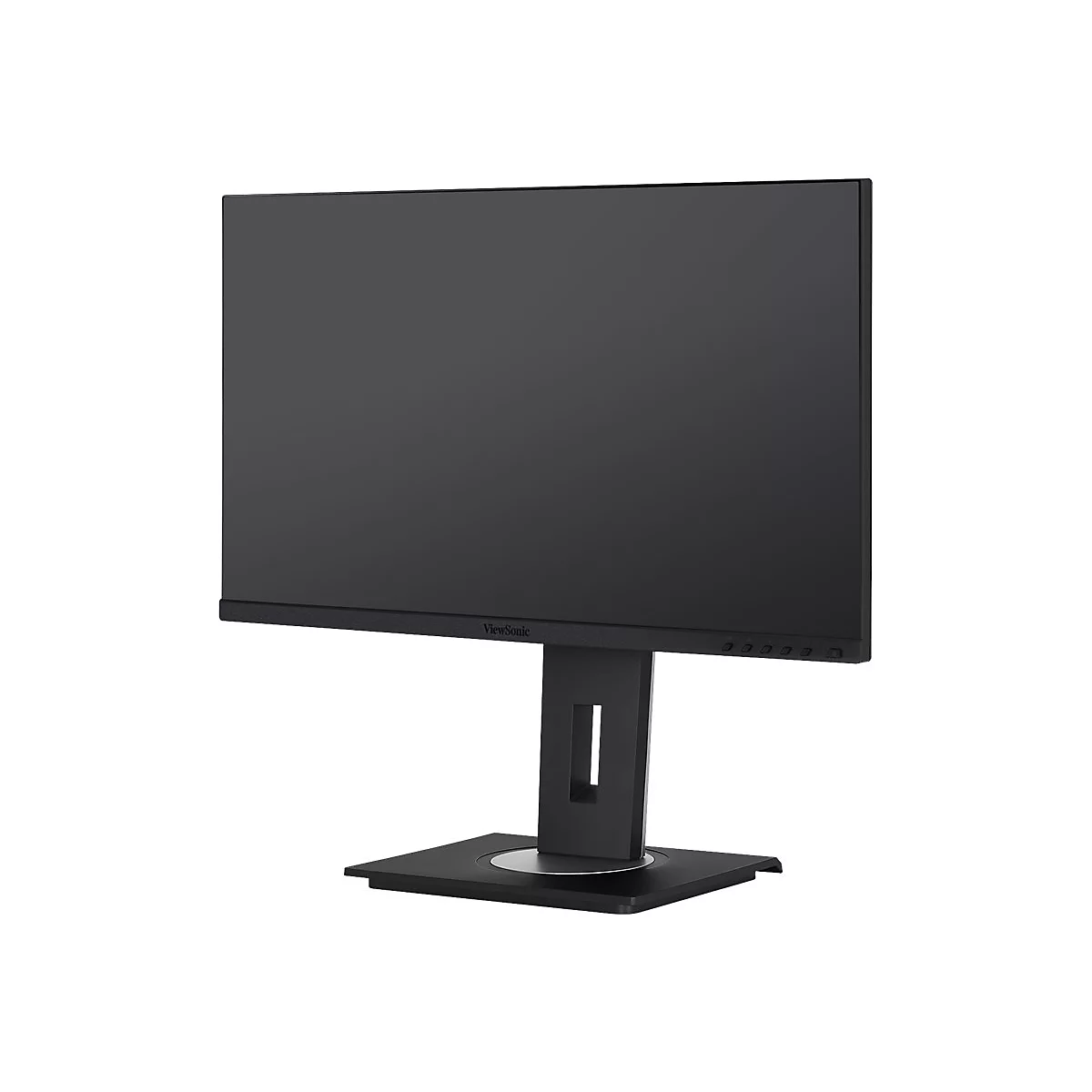 Schwarzer Monitor mit Standfuß, Logo "ViewSonic", Knöpfe unten.