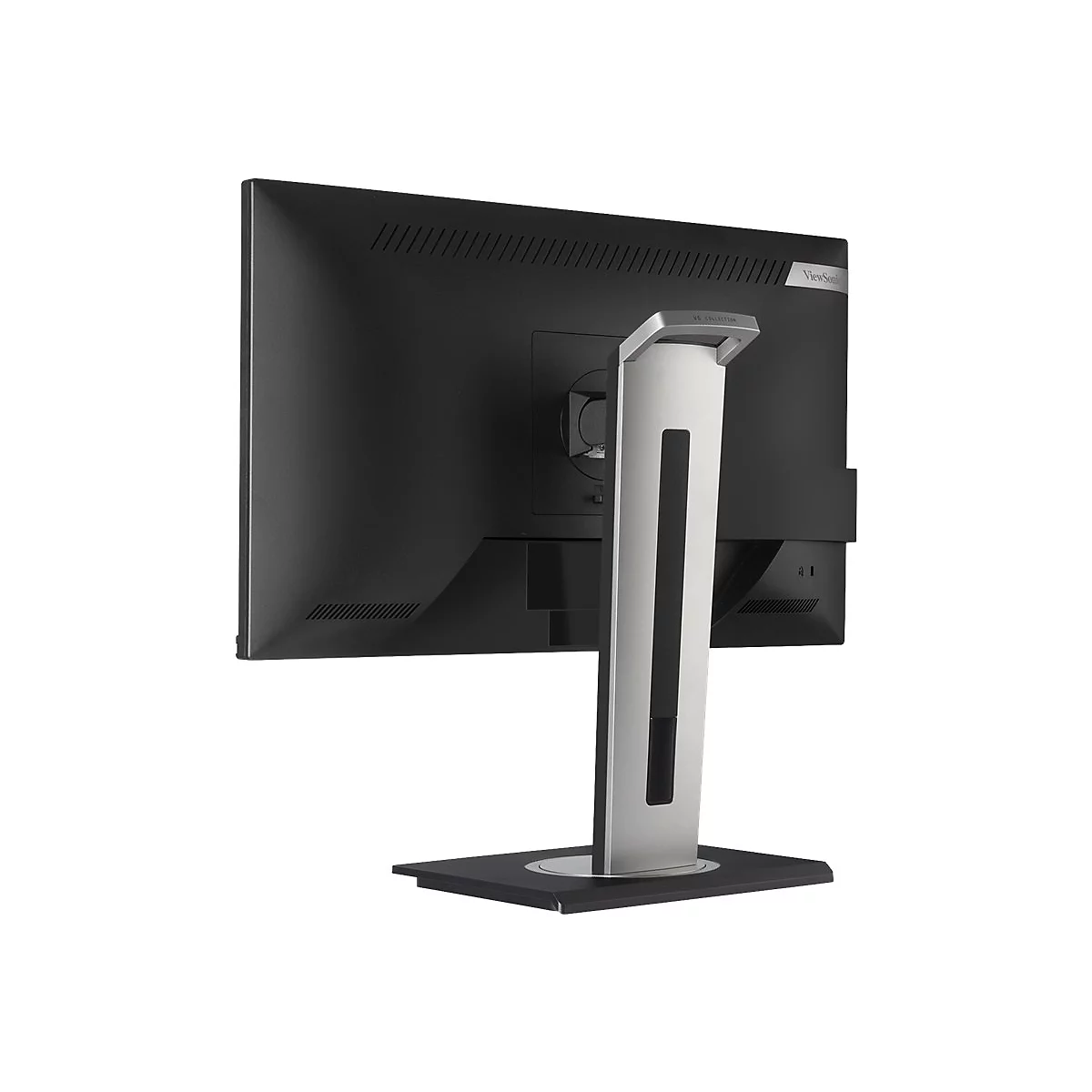 Rückseite eines ViewSonic-Monitors. Schwarzer Bildschirm, silberner Standfuß, weißer Hintergrund.