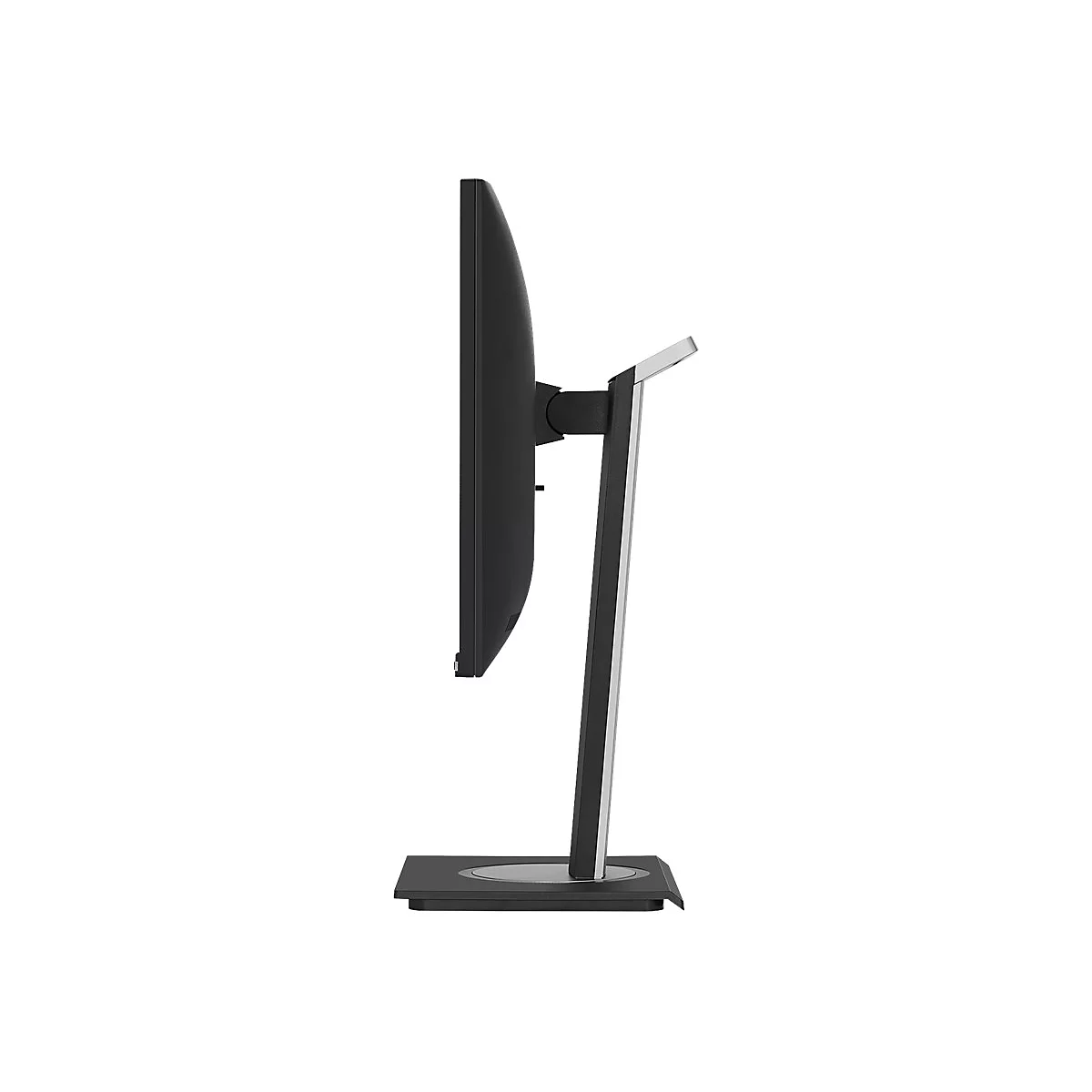 Seitenansicht eines schwarzen Monitors mit silbernem Ständer. Der Bildschirm ist hochkant und steht auf einer quadratischen Basis.