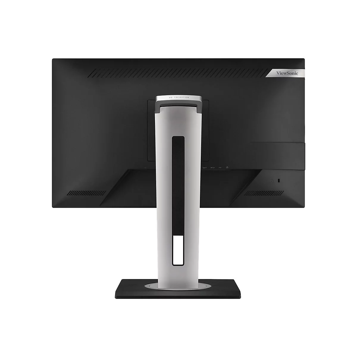 Rückseite eines schwarzen ViewSonic-Monitors, mit silbernem Standfuß. Das ViewSonic-Logo ist oben rechts zu sehen.