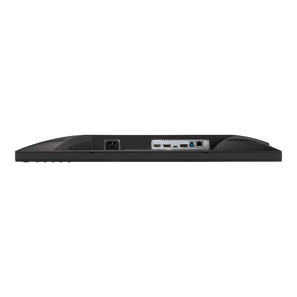 Rückseite eines schwarzen Monitors mit Stromanschluss, HDMI, USB und weiteren Anschlüssen.