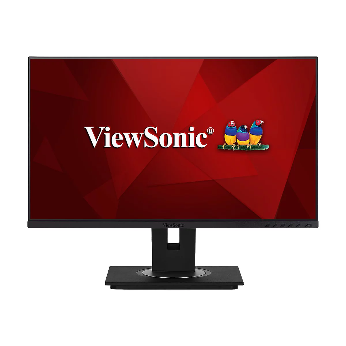 Ein schwarzer ViewSonic Monitor mit Firmenlogo auf rotem Hintergrund. Drei bunte Vögel sind rechts abgebildet.