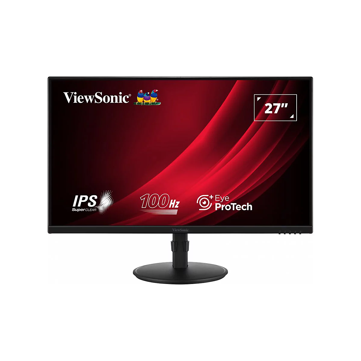 Schwarzer ViewSonic 27 Zoll Monitor mit IPS, 100 Hz, Eye ProTech und rotem Hintergrund.