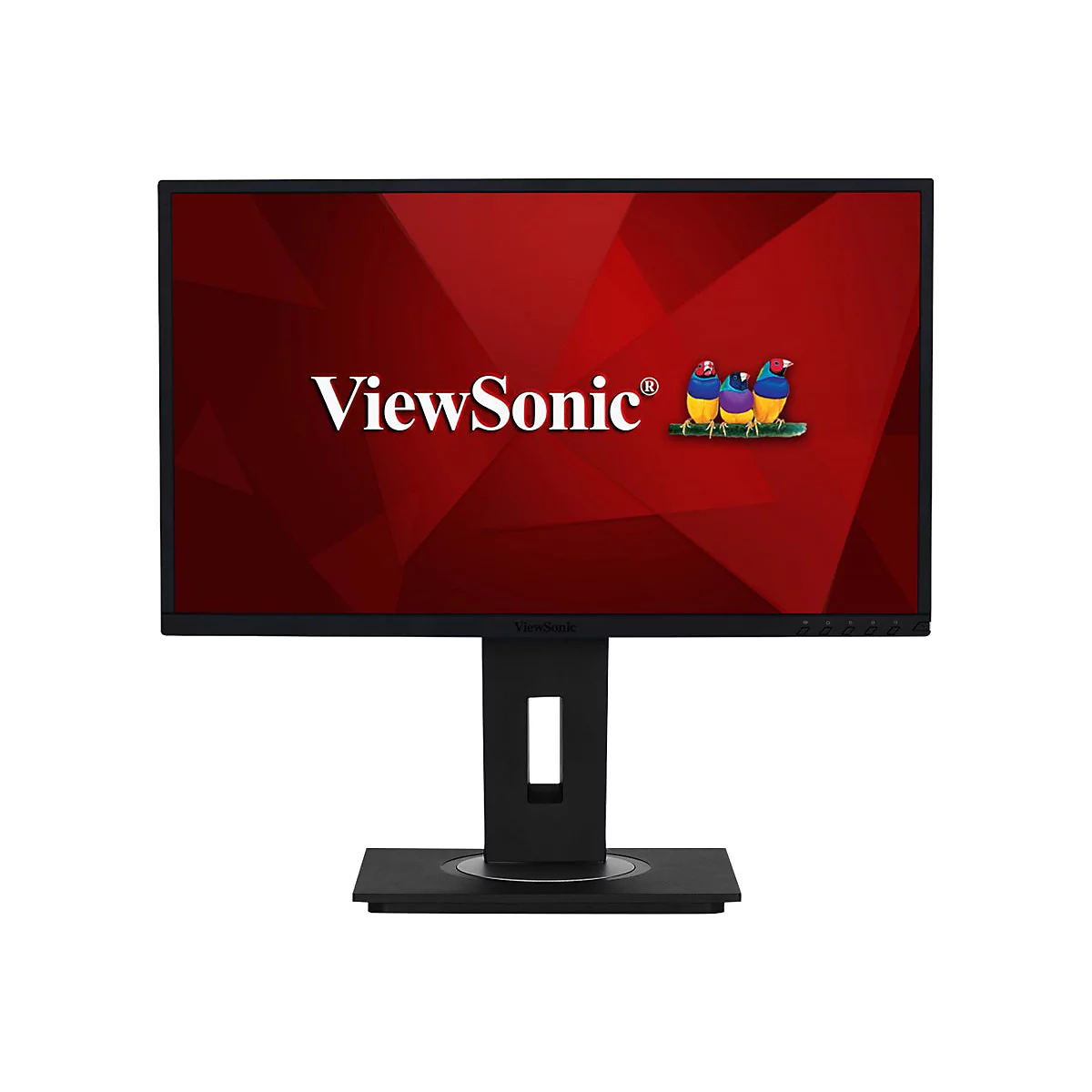Schwarzer ViewSonic Monitor mit rotem Hintergrund und Firmenlogo. Der Monitor steht auf einem schwarzen Fuß.