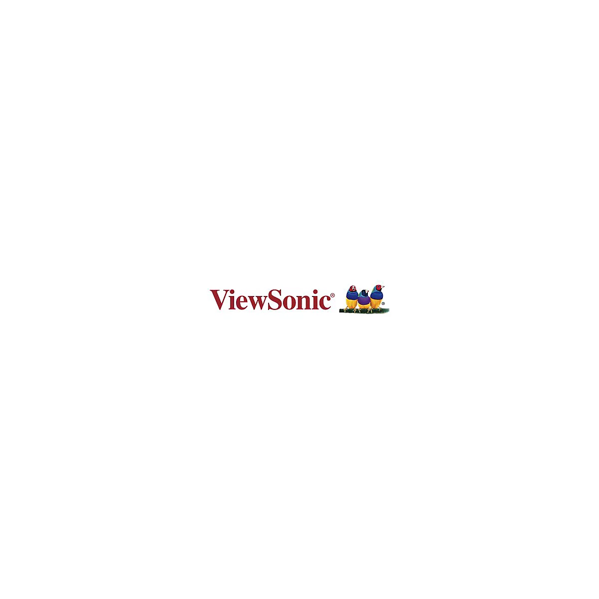 ViewSonic Logo: Roter Schriftzug 'ViewSonic' links, rechts drei bunte Vögel auf einem Ast.