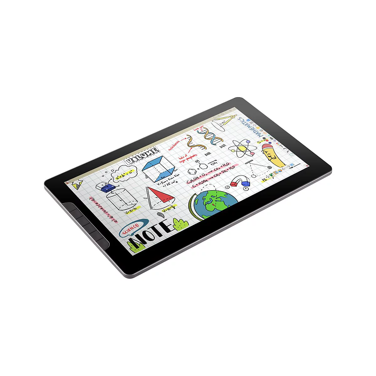 Ein Tablet mit Notizen aus Mathematik und Naturwissenschaften. Diagramme, Formeln und Zeichnungen auf kariertem Papier. "VOLUME" und "SCIENCE" beschriftet.