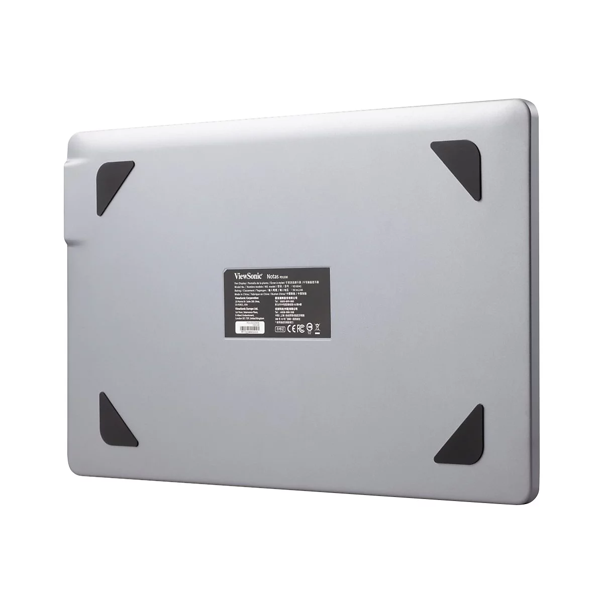 Graue Tablet-Rückseite mit schwarzen Dreiecken an den Ecken. Aufkleber mit Produktinformationen.