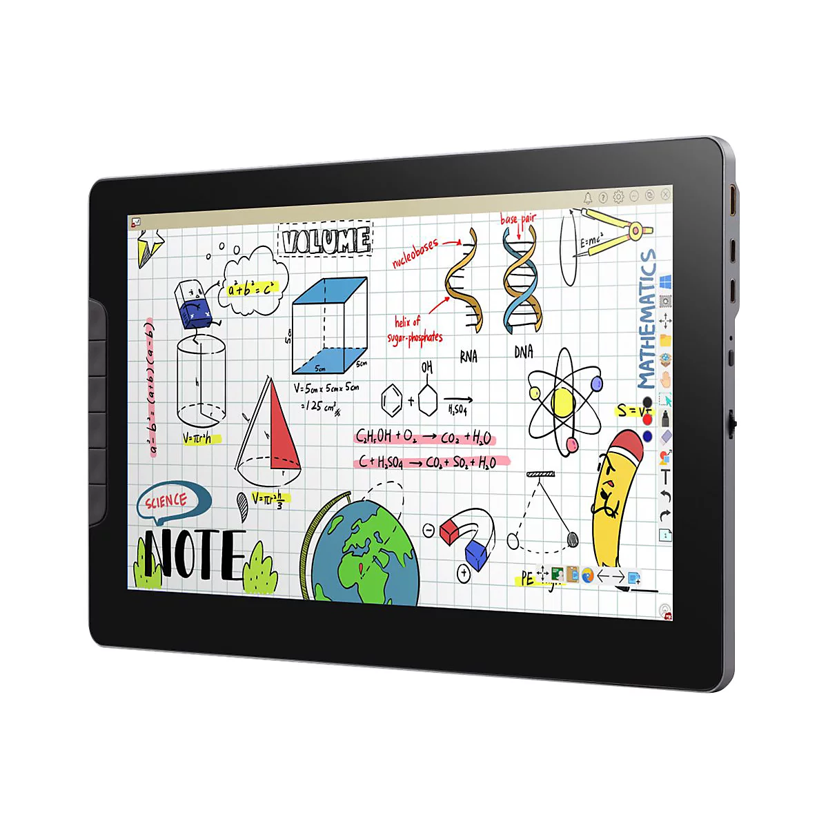 Schwarzes Tablet mit Touchscreen, auf dem mathematische und wissenschaftliche Diagramme, Formeln und Zeichnungen zu sehen sind. Die Beschriftung ist in Deutsch und Englisch.