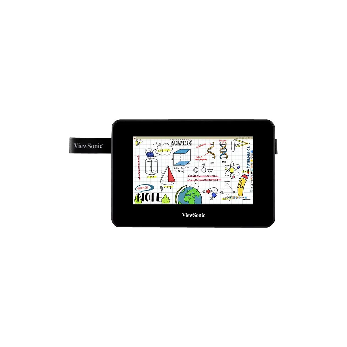 Schwarzes ViewSonic-Tablet mit Notizen über Mathematik, Wissenschaft und DNA-Moleküle. Ein Stift ist an der Seite angebracht.