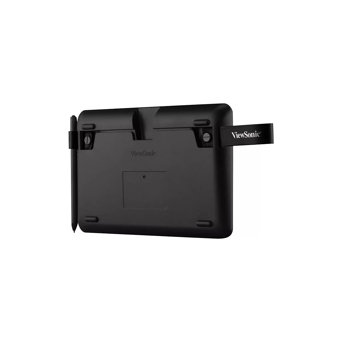 Schwarzes Grafiktablett von ViewSonic mit Stift und Halterung.