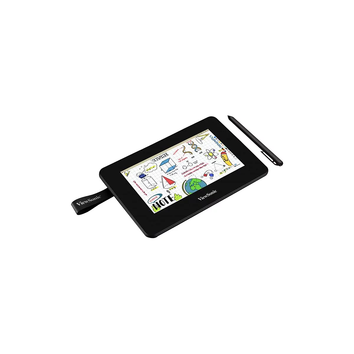 Schwarzes Tablet mit Stift und Notizen auf dem Bildschirm. Aufschrift: ViewSonic.