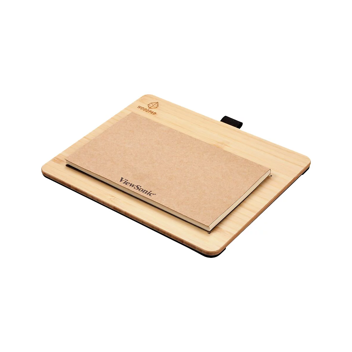 Ein Holz-Schreibpad mit einem Notizbuch. Auf dem Notizbuch steht ViewSonic. Das Pad trägt den Schriftzug Woodpad.