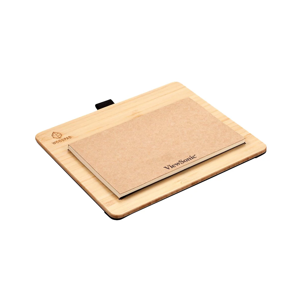 Bambus-Schreibtischunterlage mit Notizblock. Auf dem Block steht ViewSonic. Oben links das Woodpad Logo.