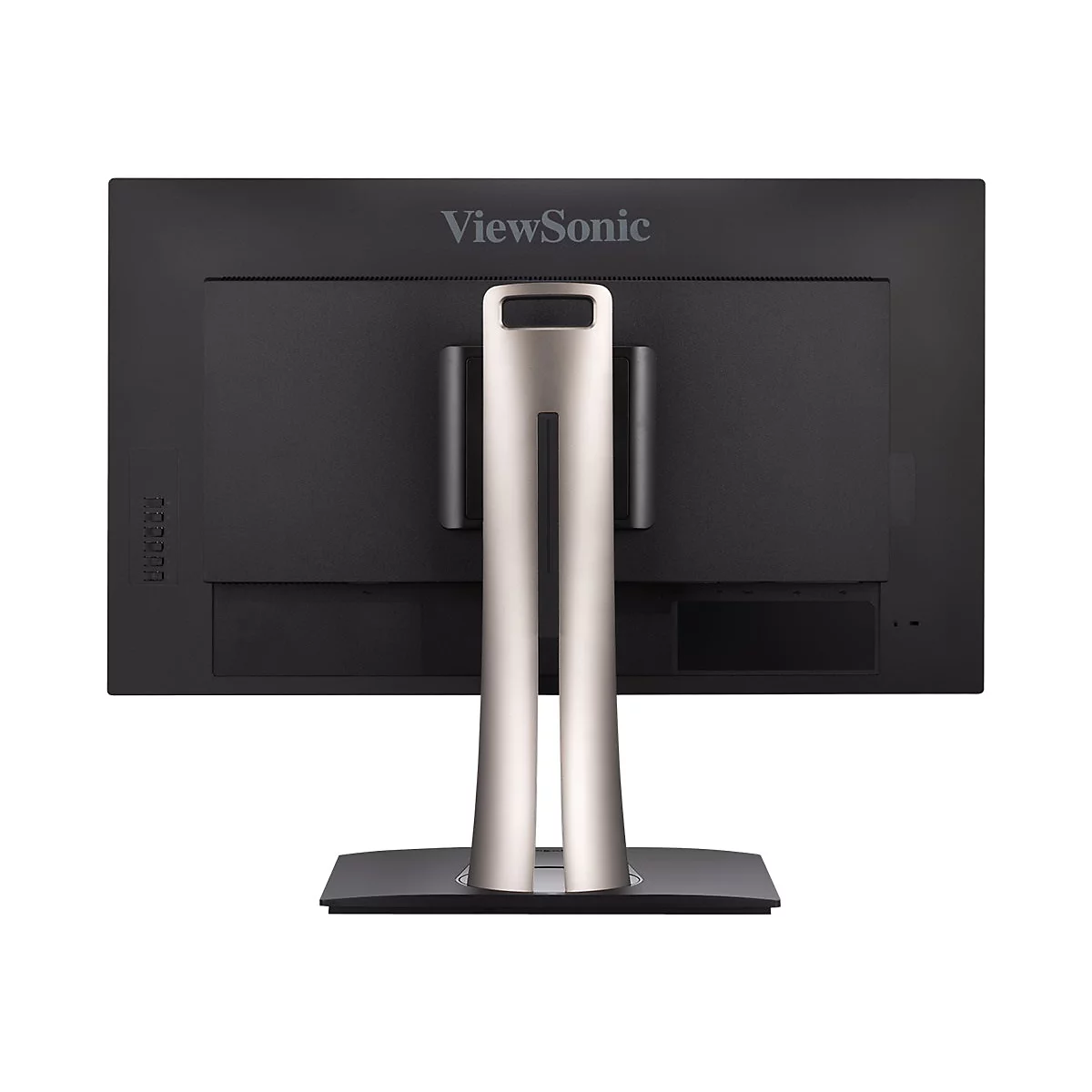 Arrière d'un moniteur ViewSonic noir avec support argenté, fond blanc.