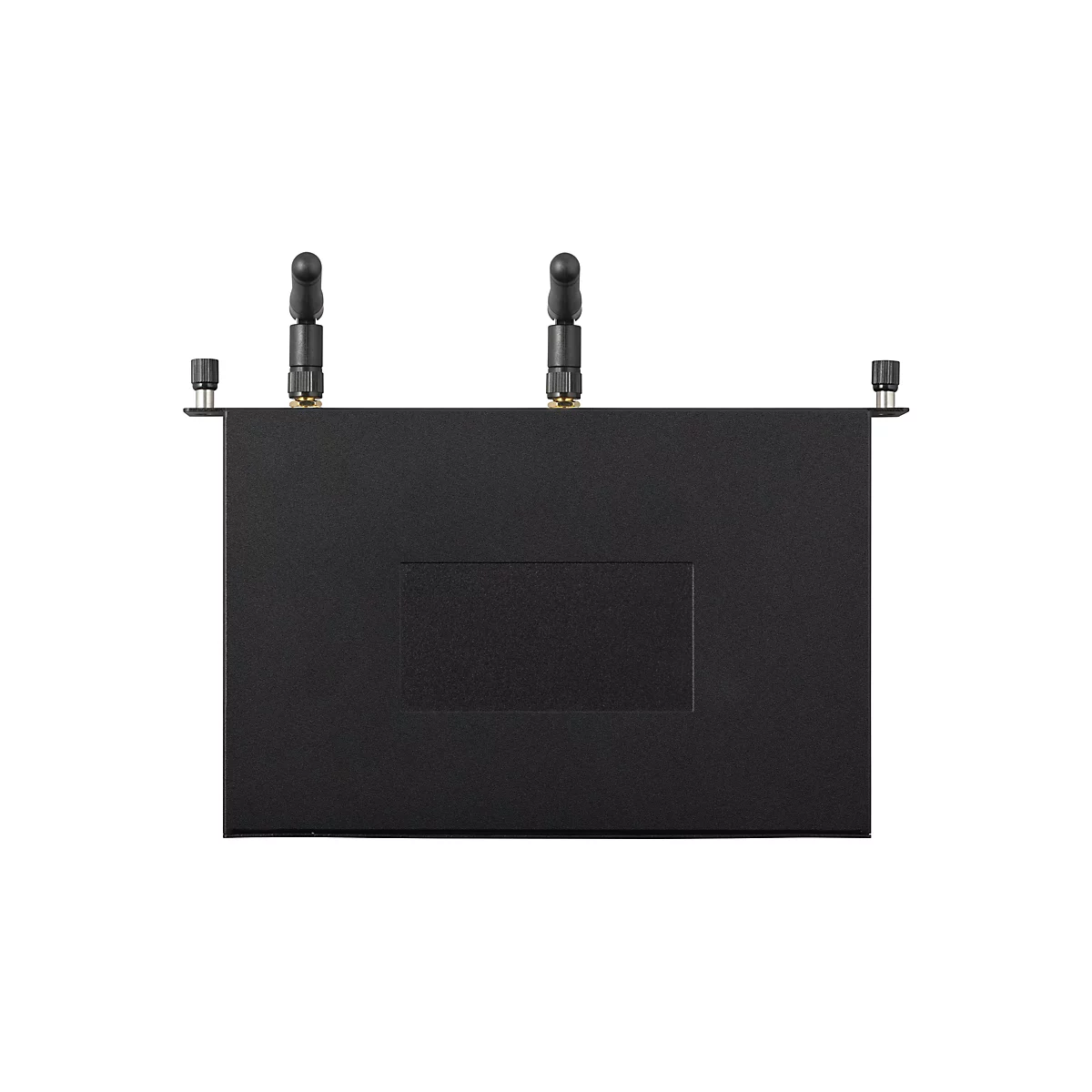 Appareil réseau noir avec trois antennes, sur fond blanc. Deux antennes en haut, une de chaque côté ; une troisième est fixée verticalement.