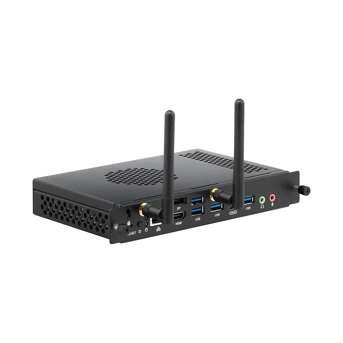 Ein schwarzer Mini-PC mit zwei Antennen und diversen Anschlüssen, wie USB und HDMI.