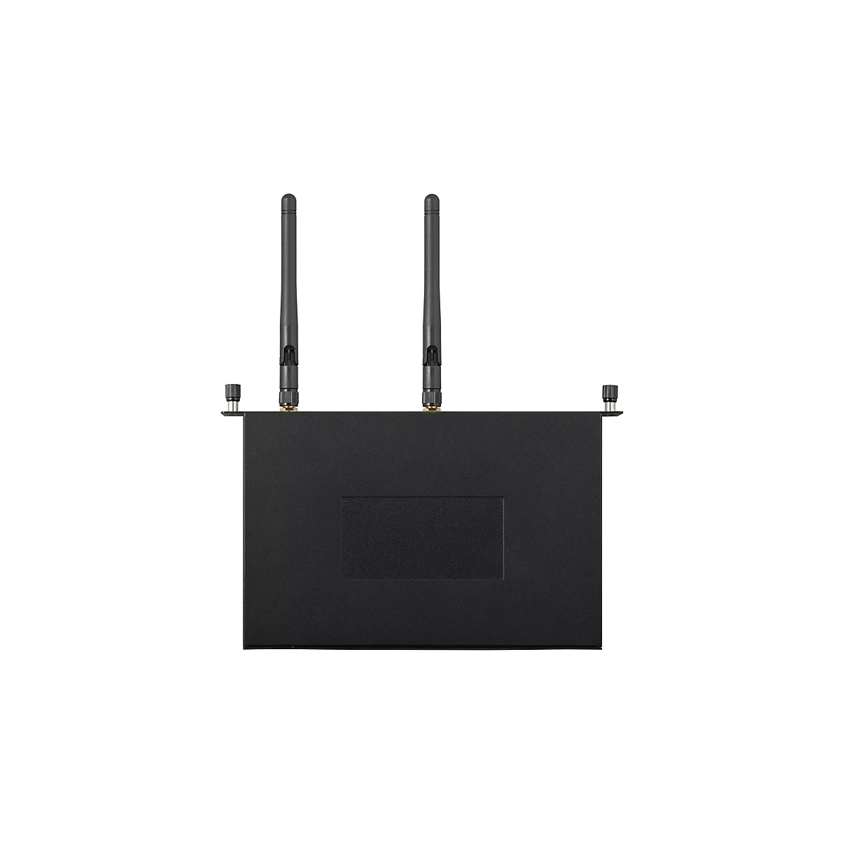 Schwarzes Netzwerkgerät mit zwei Antennen und Befestigungen.