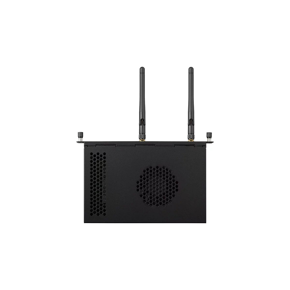 Schwarzes elektronisches Gerät mit zwei Antennen auf weißem Hintergrund.