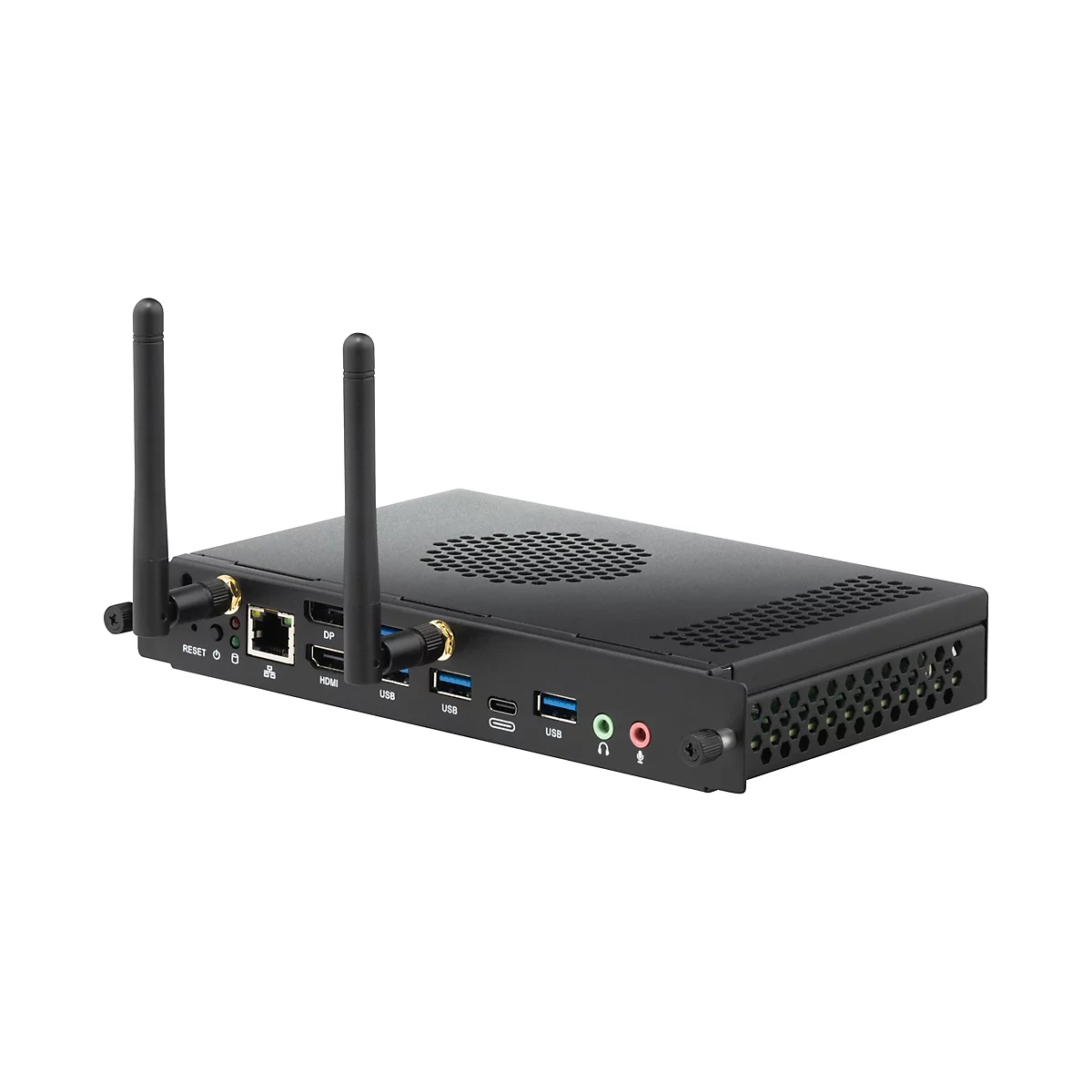 Schwarzer Mini-Computer, mit zwei Antennen. Er hat Anschlüsse für USB, HDMI und weitere.