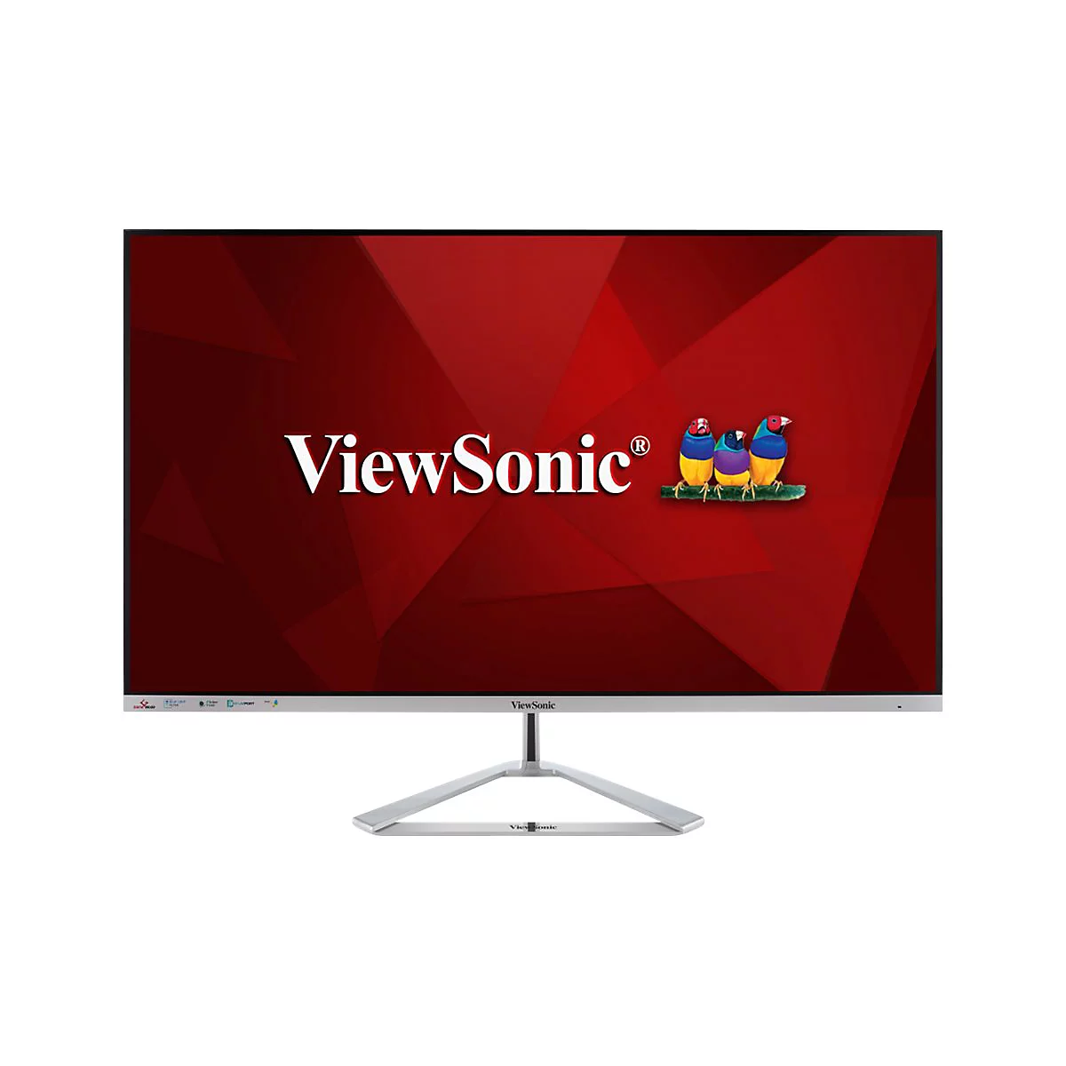 ViewSonic-Monitor mit rotem Hintergrund und Logo. Auf dem Bildschirm sind farbenfrohe Vögel abgebildet, darunter das ViewSonic-Logo.