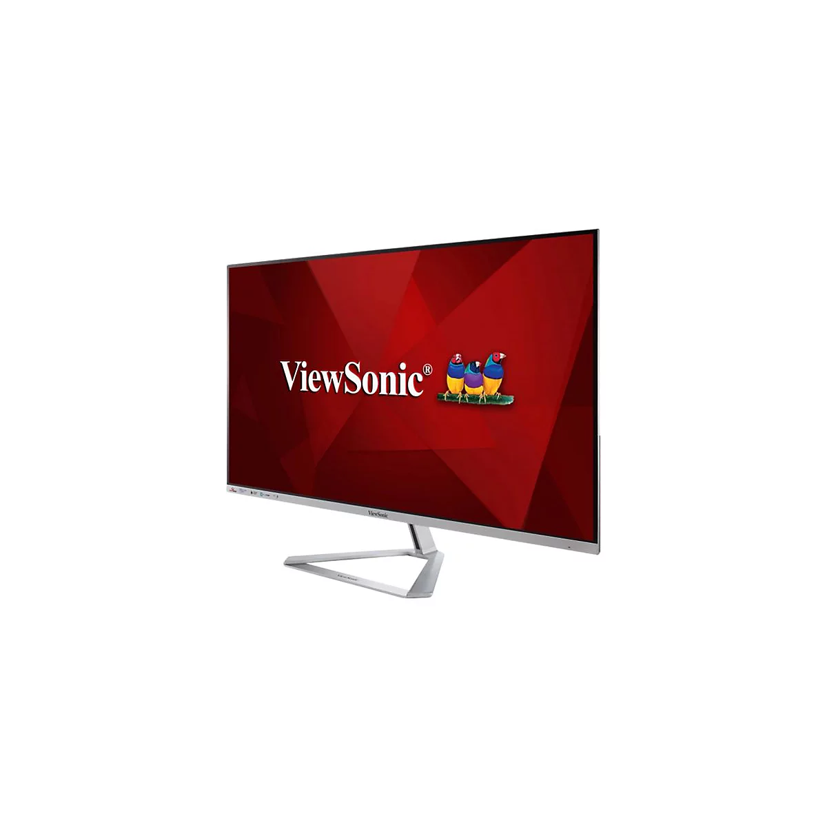 Ein silberner ViewSonic-Monitor mit rotem Hintergrund, dem ViewSonic-Logo und bunten Vögeln.