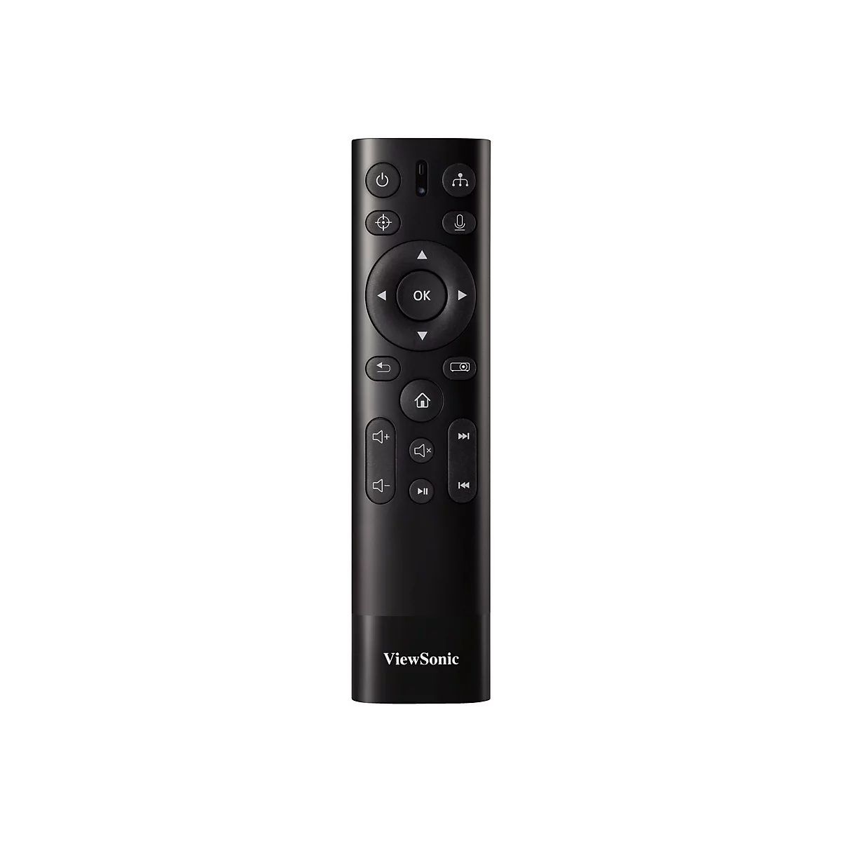 Schwarze Fernbedienung von ViewSonic. Mit KnÃ¶pfen fÃ¼r Ein/Aus, Richtungstasten, LautstÃ¤rke und Navigation.