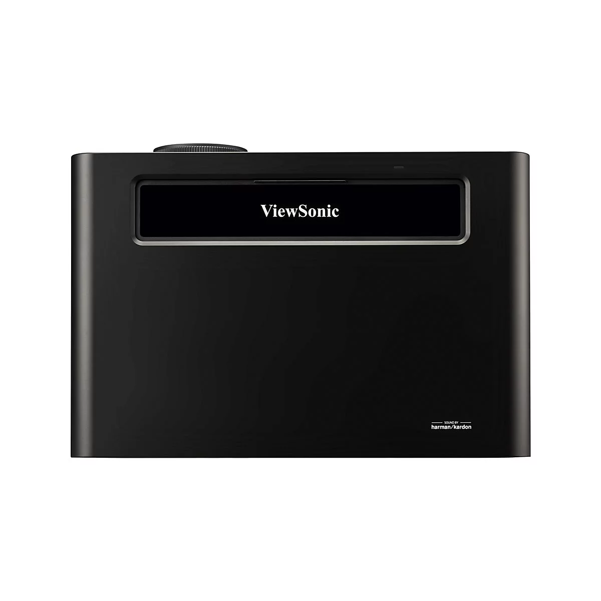 Schwarzer ViewSonic Projektor. Oben und mittig Logo und darunter schwarze OberflÃ¤che.