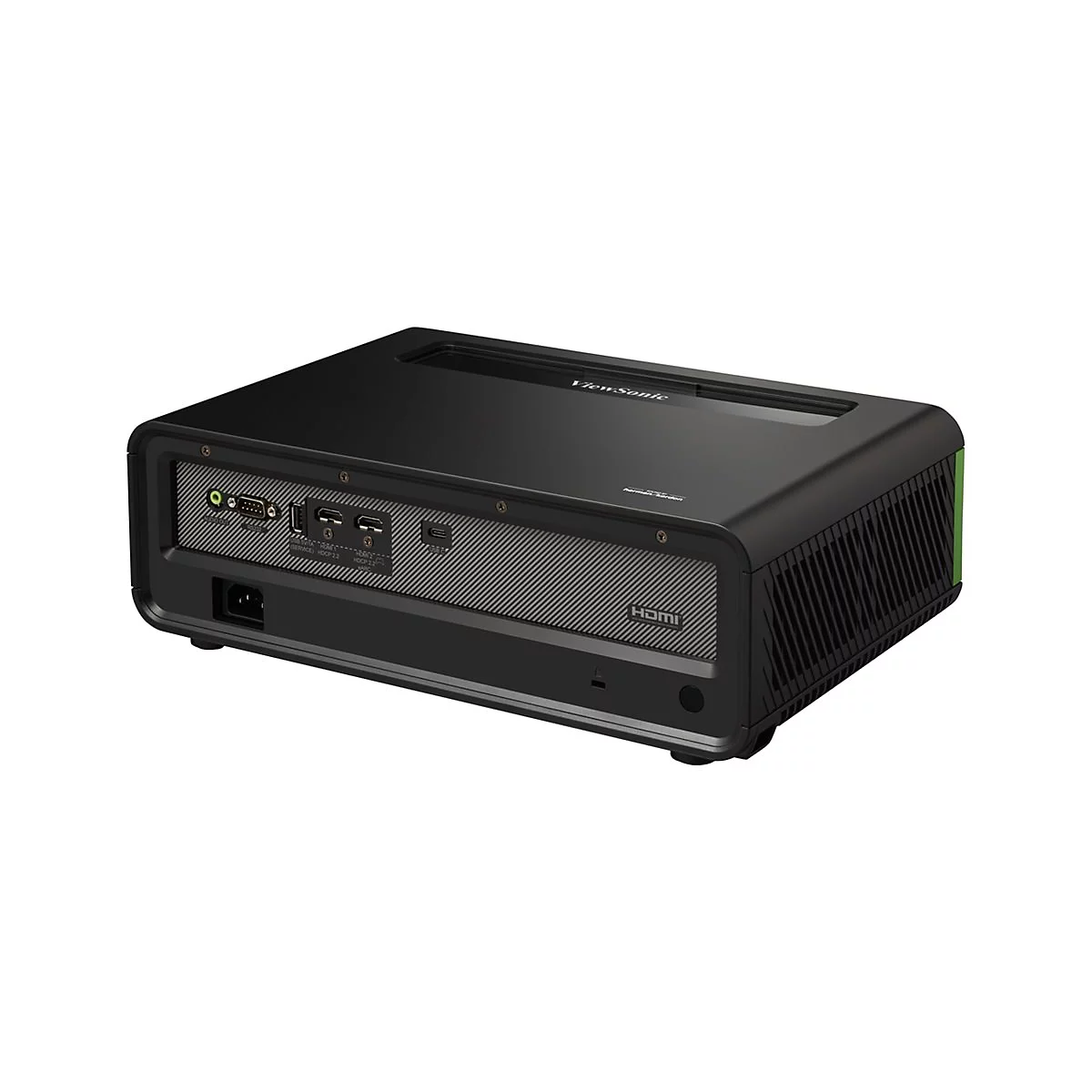Schwarzer Projektor mit AnschlÃ¼ssen auf der RÃ¼ckseite und einem grÃ¼nen Akzent. Auf der Vorderseite steht HDMI.