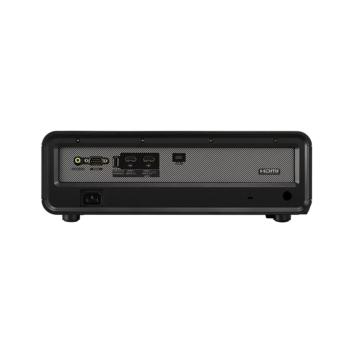 RÃ¼ckseite eines schwarzen Projektors mit AnschlÃ¼ssen. Oben HDMI-Anschluss, rechts HDMI-Schriftzug.