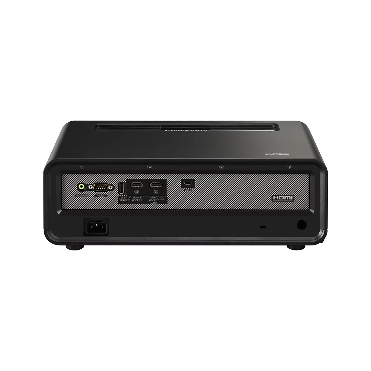 Schwarzer Projektor, Rückseite mit Anschlüssen: HDMI, USB, Audio, Netzanschluss.