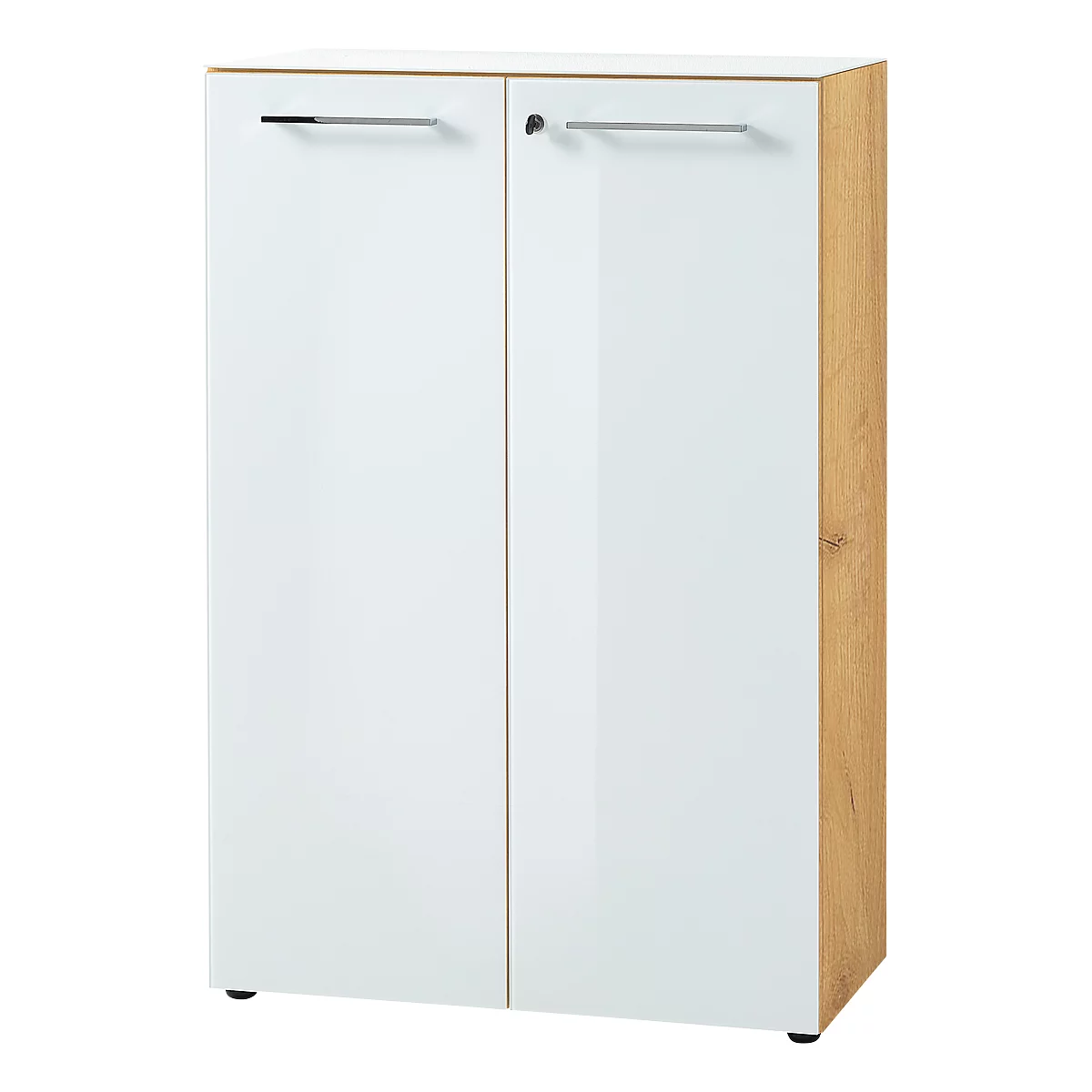 Vijlkast MONTERIA, front &amp; dekplaat glas, afsluitbaar, 3 OH, B 800 x D 370 x H 1200 mm, Navarra eik/wit